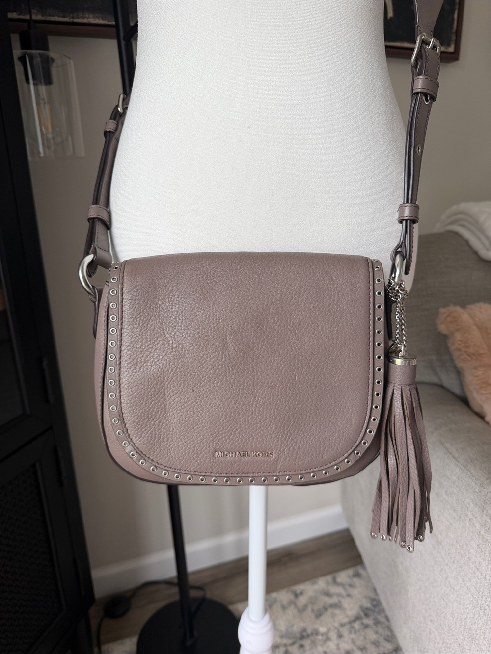 Unique Michael Kors Mauve-Taupe Pebbled Leather Crossbody with Tassel